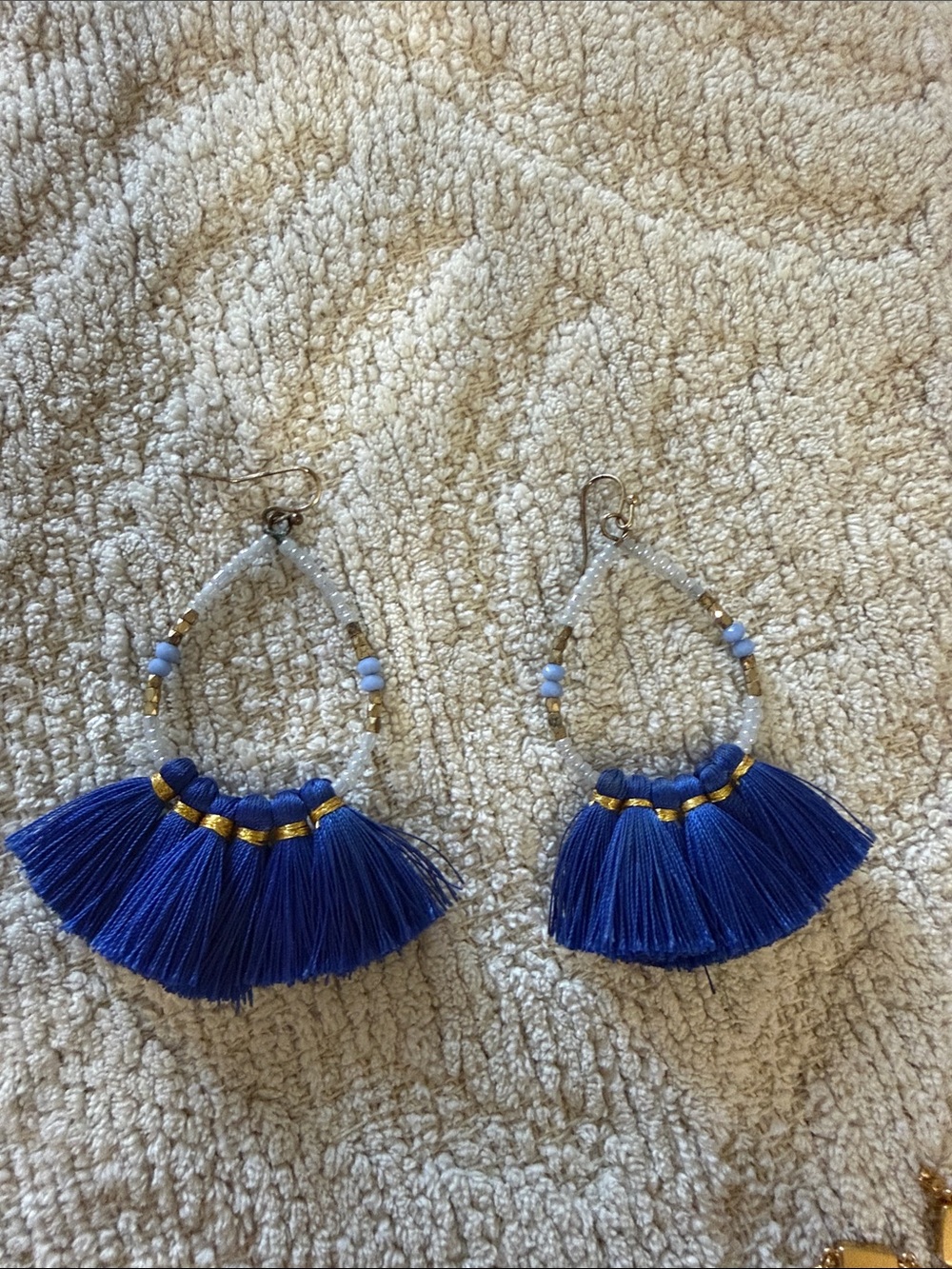 Spanish Blue Tassel Beaded Hoop Earrings